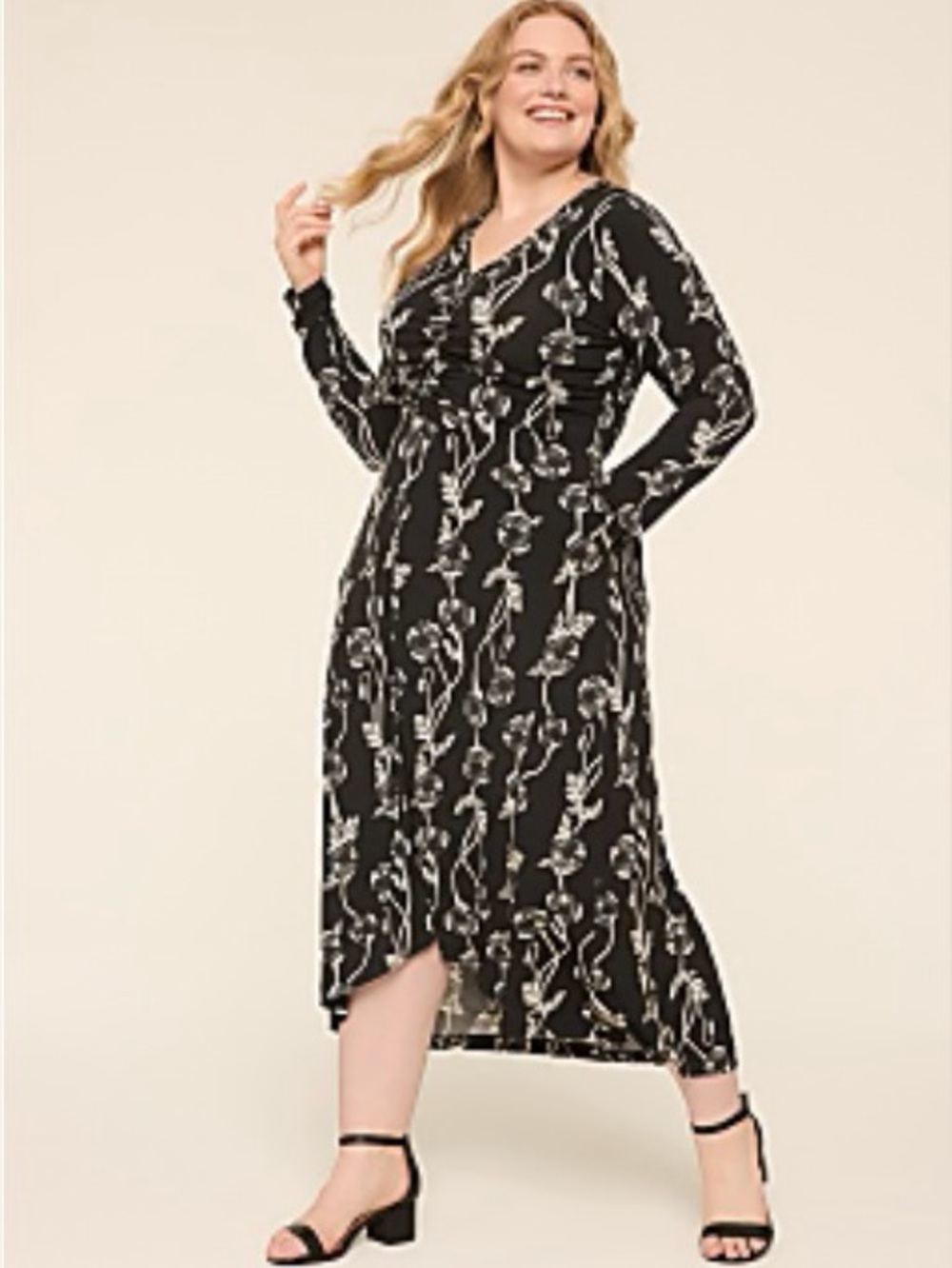 Lane Bryant Black & White Floral Ruched Long Sleeve Dress
